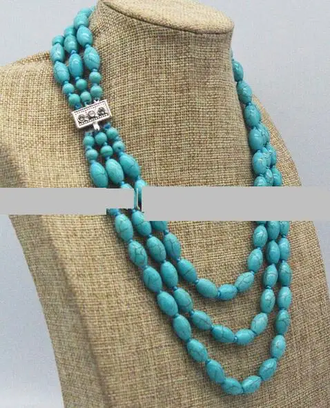 Natural 3Rows 8x12mm Blue Turquoise Round Rice beads Gems Necklace 17-19''