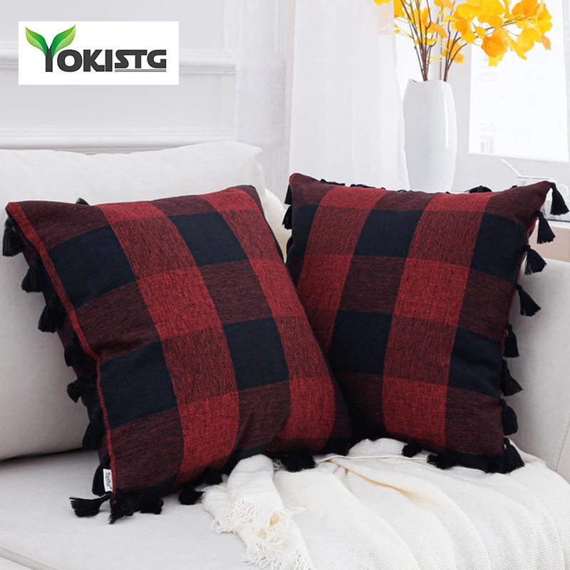 YokiSTG матерчатая подушка в клетку с четырьмя боковыми кисточками|Наволочки| |