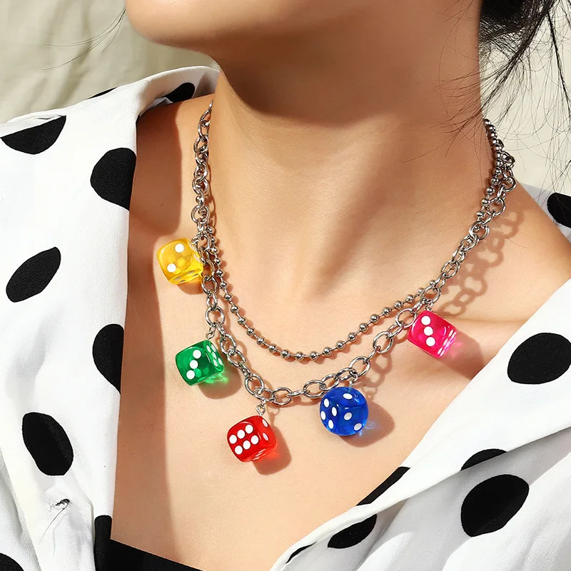 Punk Rock Fashion Funny Five Color Mixed Lucky Dice Pendant Necklaces For Women Girls Trendy Geometric Statement Choker Jewelry