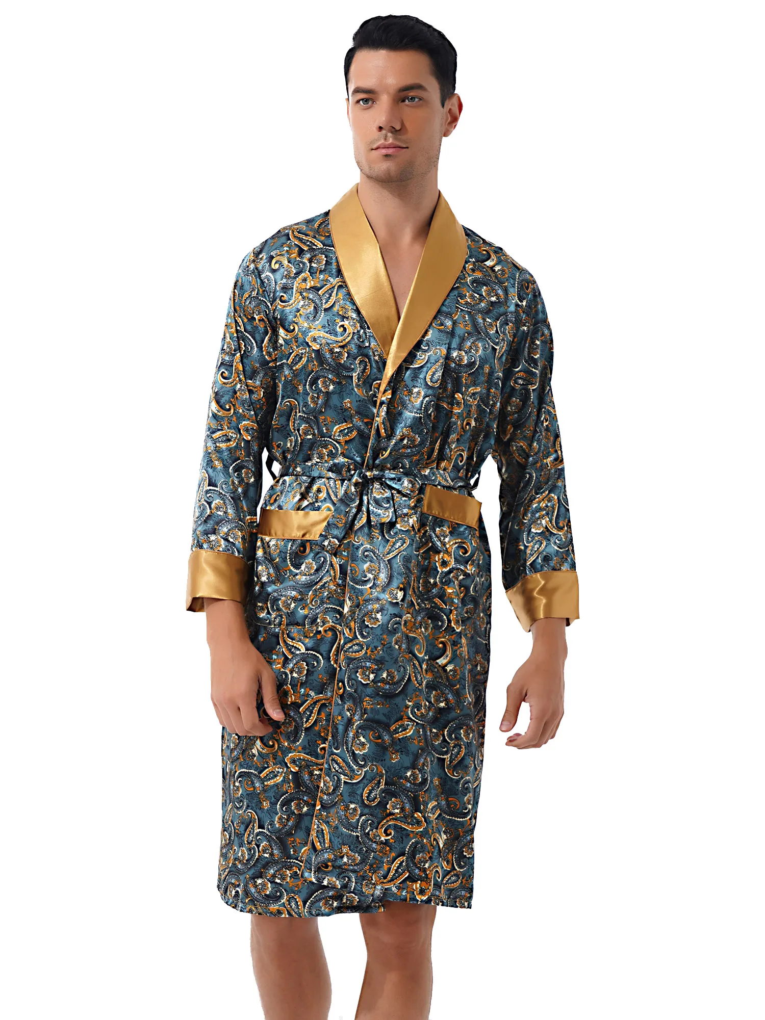 Men's Printed Satin Robe Summer Paisley Silk Sleepwear Pajamas Long Kimono Dressing Gown Bathrobe