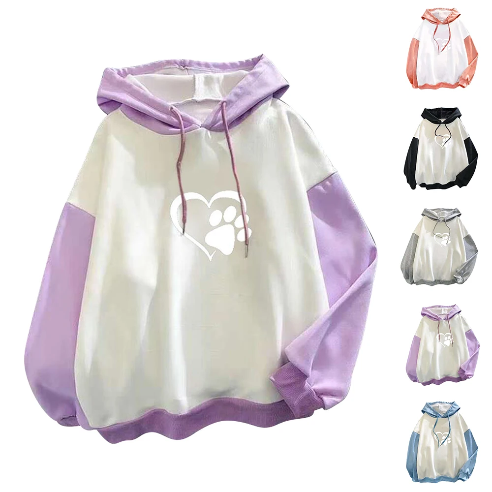 

Women Long Sleeve Hooded Patchwork Sweatshirt Pullover Casual Loose Hoodies Tops Ladies Printed Drawstring Hoodie Tops Clothes