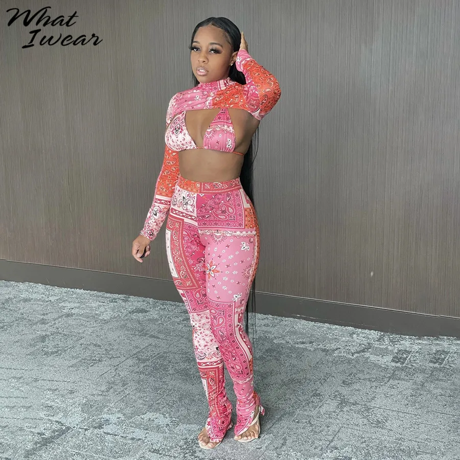 

Printed Crop Top + Sexy Bikini + Elestic Leggings Women Three Piece Set Stretchy Workout Suit Fitness Tracksuit Female Outfits