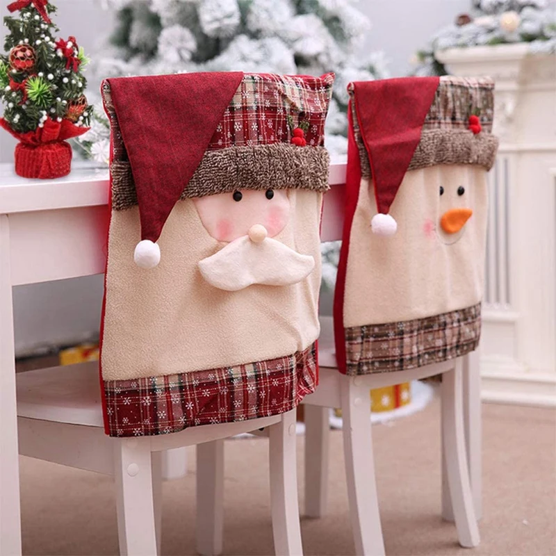 

4 Pcs Christmas Chair Cover,Snowflake Plaid Dinner Chair Cap Chair Covers ,For Christmas Decor (Santa Claus+Snowman )