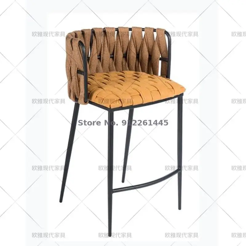 Light luxury stainless steel high chair Nordic bar stool modern simple hand woven cloth |