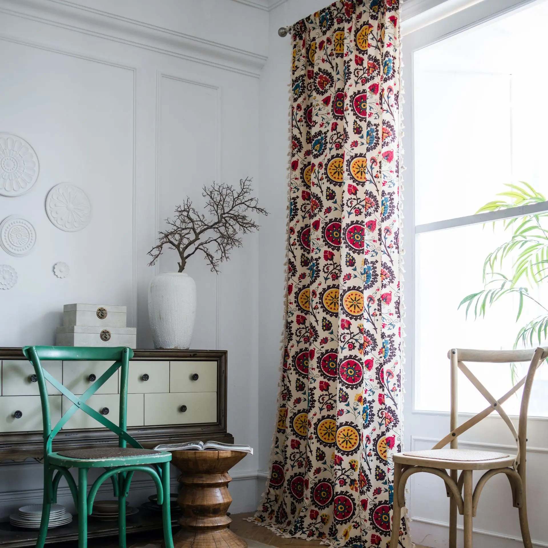 

Bohemian Tassel Curtains Cotton Linen Printed Window Drapes Blackout Kitchen Curtain Window Boho Decor Living Room