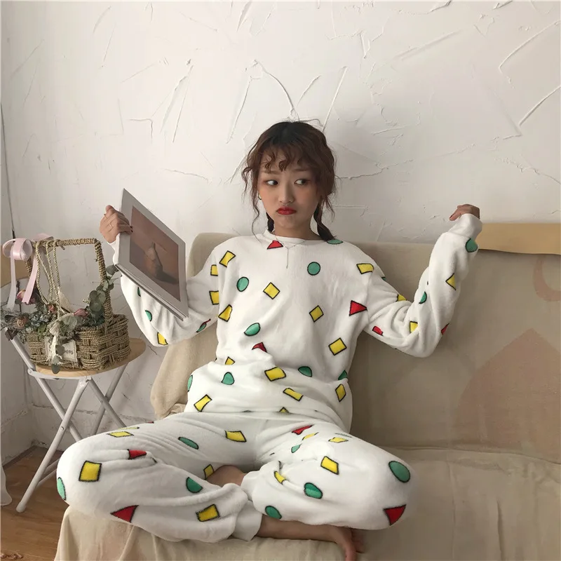 2019 Autumn Winter Women Pyjamas Sets Pajamas Sleepwear Long Sleeve Thick Warm Coral Flannel Female Print Pijama Mujer | Женская одежда