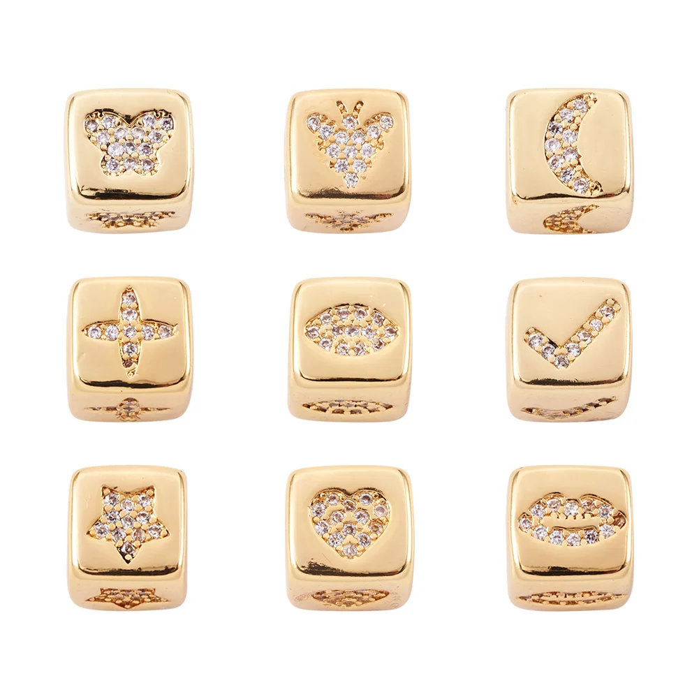 

9pcs Zirconia Cube Beads Golden Plated Large Hole European Beads Mixed Pattern for European Style Bracelet Jewelry Making