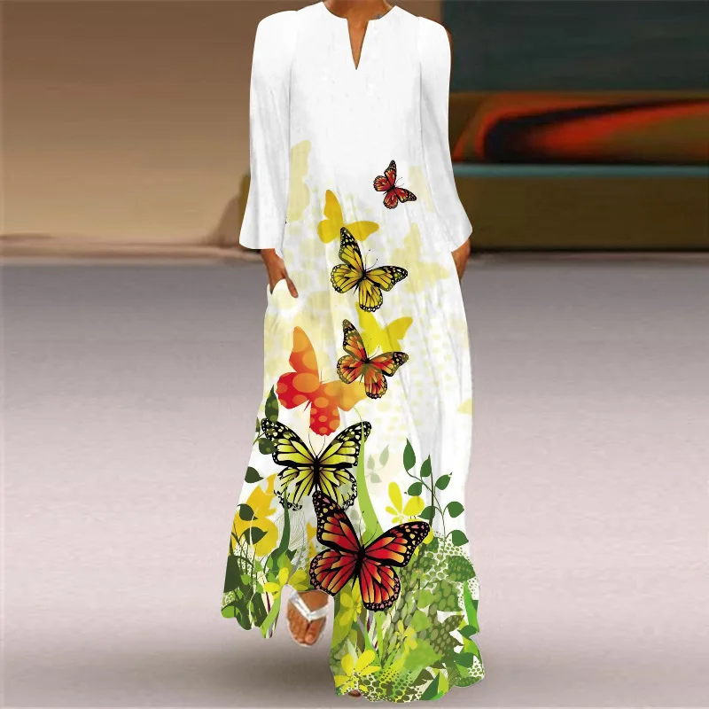 

New Fashion Butterfly Print Spring Dress Casual Sexy Boho Beach Dresses Women V-neck Long Sleeve Pocket Large size Long Dress