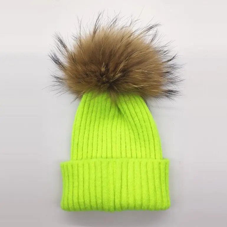 

Winter women real raccoon fur pom pom knitted beanies New green adult lady wool ski skullies cap hat gorros