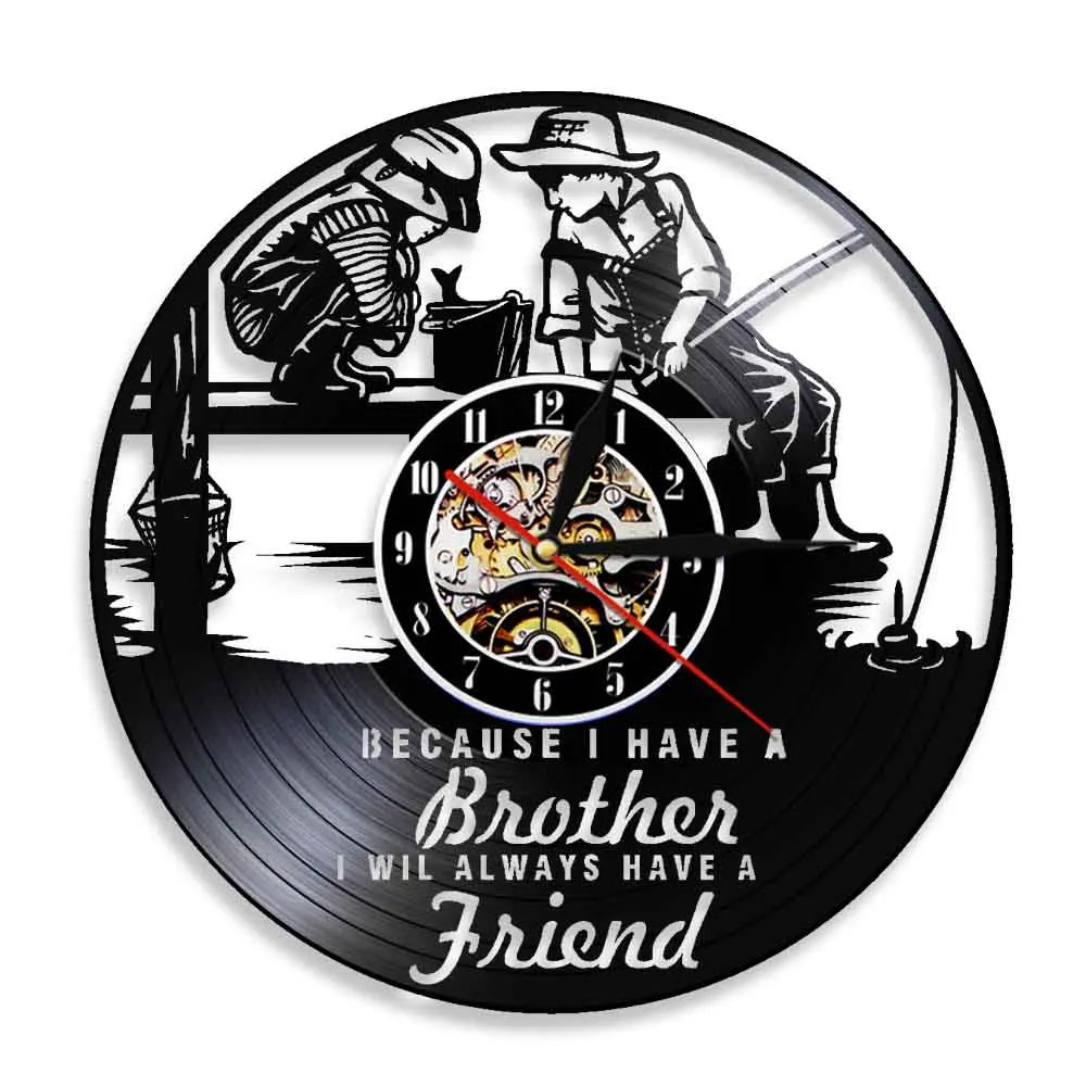 Brothers And Sister Silhouette Shadow Handmade Vinyl Wall Clock Friends Fishing Nursery Wall Art Decor For Living Room