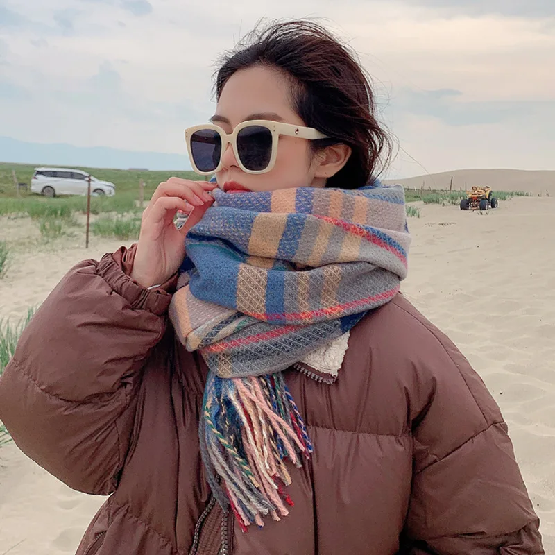 

Women Scarf Color Grid Han Edition Fashion Female Winter Thickening Thermal Couple Scarf Shawls 2021