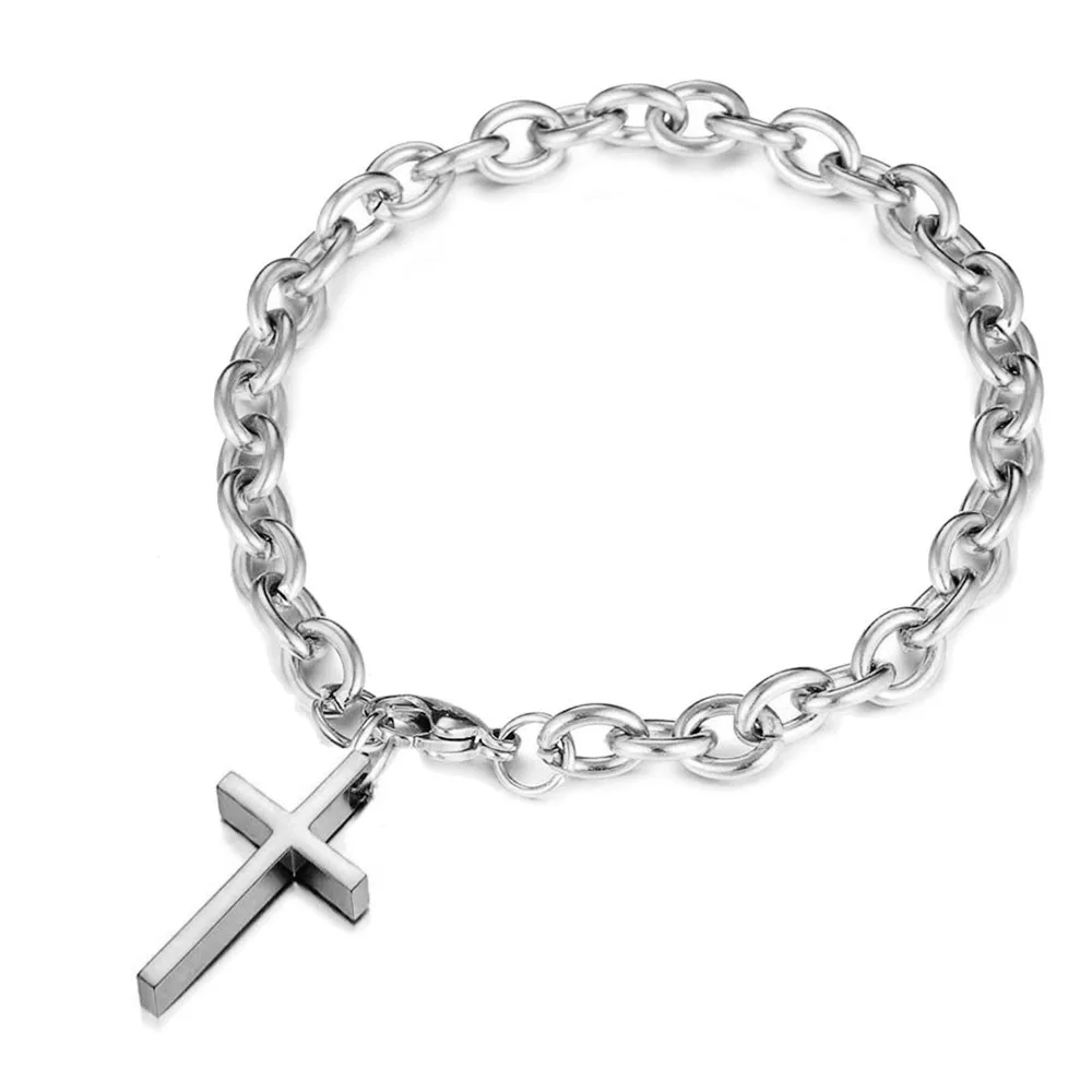 Silver Color Новинка 316L пластина из нержавеющей стали христианский крест браслеты для женщин и мужчин золото серебро цвет цепи католический браслет - Окраска металла: Silver Color