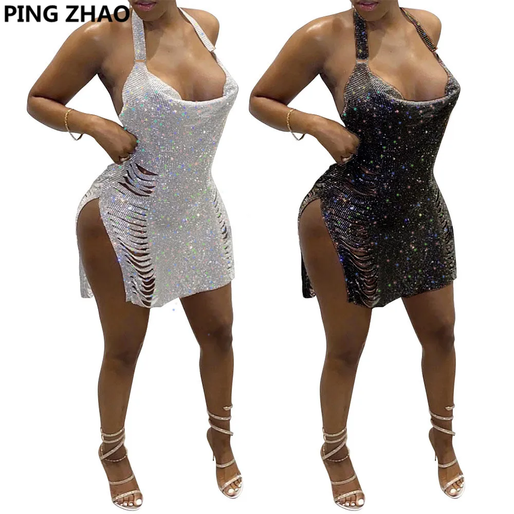 

PING ZHAO Summer New Sexy Dress Hanging Neck And Back Open Fork Party Club Women's Clothing Sequined Dress