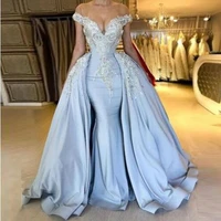 ice blue long evening dress 2021 vestidos largos evening dresses detachable skirt abendkleider modest evening gown appliques