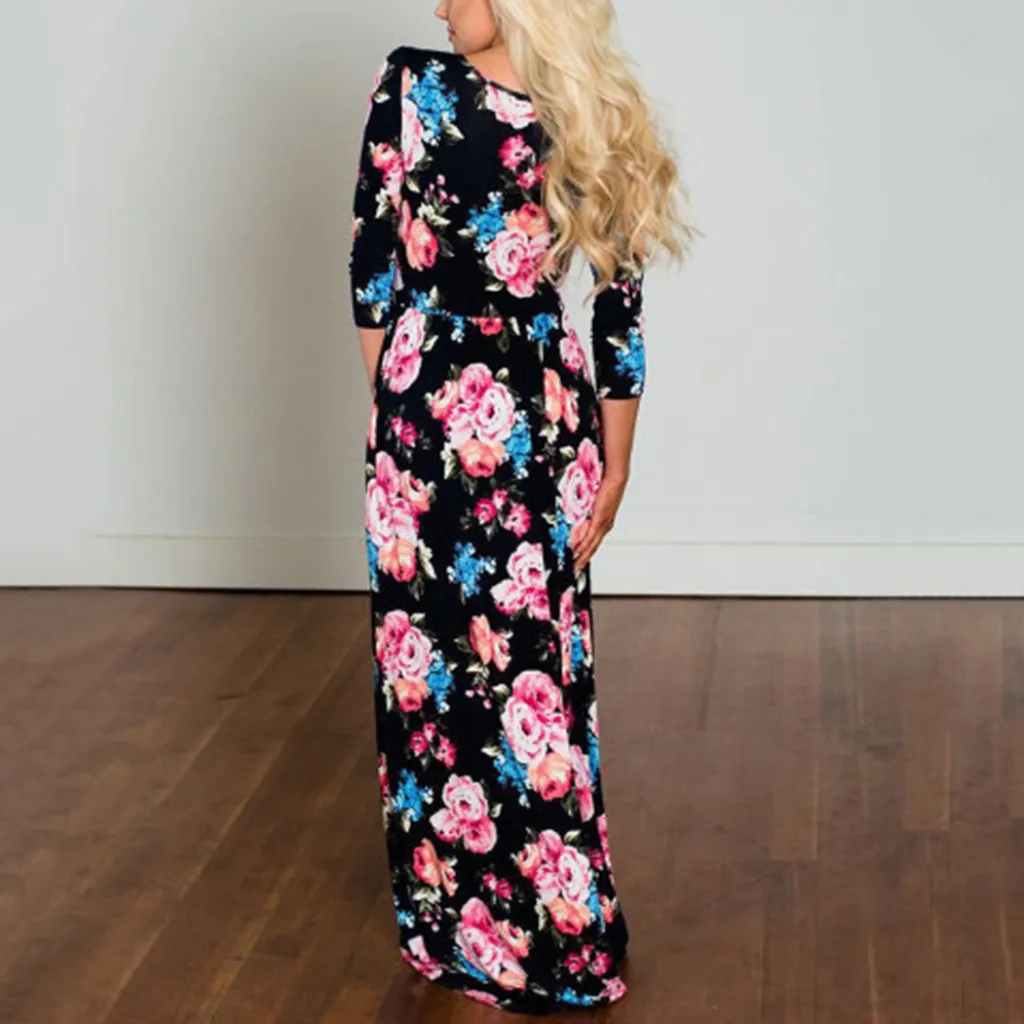 Платье для мамы и дочки 2019 синее длинное платье с цветочным принтом одежда