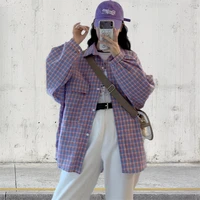 deeptown plaid shirt women long sleeve tops lattice print blouse korean fashion 2021 oversized spring kpop casual purple clothes