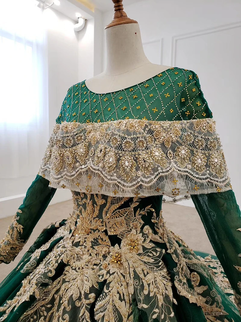 Dark Green Long Evening Dresses Gold Lace Appliques Bead Crystal Dubai Arabic Evening Dress Plus Size Puffy Vestido Longo Festa