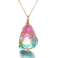 colorful crystal necklace natural rough gem stone pendant quartz crystal point healing stone long chain irregular home decor