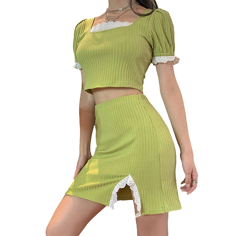 

Summer Outfit Set 2Pcs Women Lace Trim Square Neck Short Sleeves Crop Tops High-Waist Slit Skirt for Female Ladies Fashion New