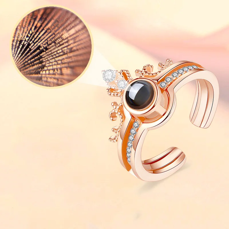 Rose Gold&Silver 100 languages I love you Projection Ring Opening Adjusting Ring Romantic Love Wedding Ring Jewelry