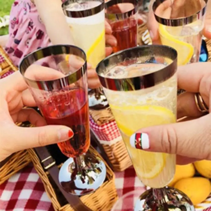 

150 ml Plastic Gold Rimmed Clear Hard Disposable Party Wedding Cups Premium Fancy Champagne Glasses flutes