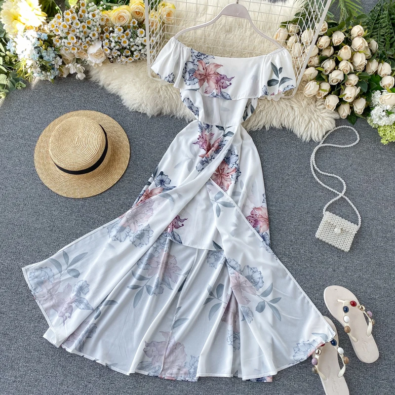 Boho оборками сексуальное платье с открытыми плечами 2021 Цветочный принт Летнее