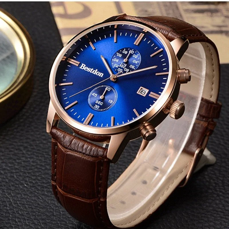 Часы мужские Кварцевые водонепроницаемые с хронографом и кожаным