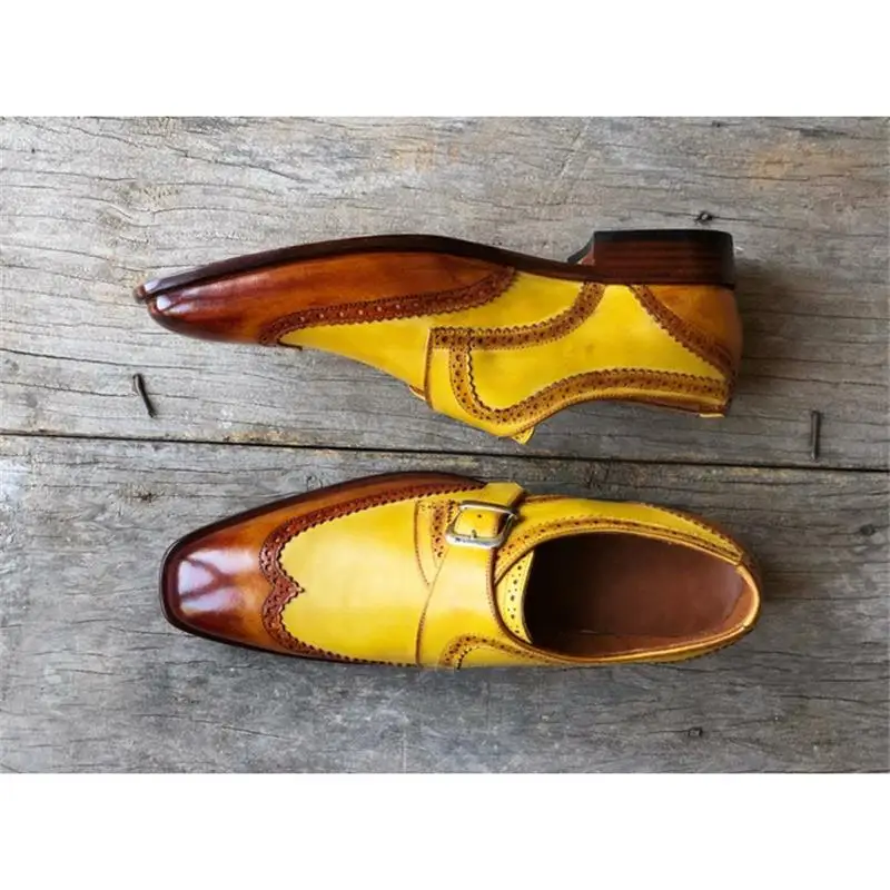 

2021 Handmade Men's High Quality PU Brown Yellow Pointed Toe Low Heel Comfortable and Fashionable Single Buckle Monk Shoes YX022