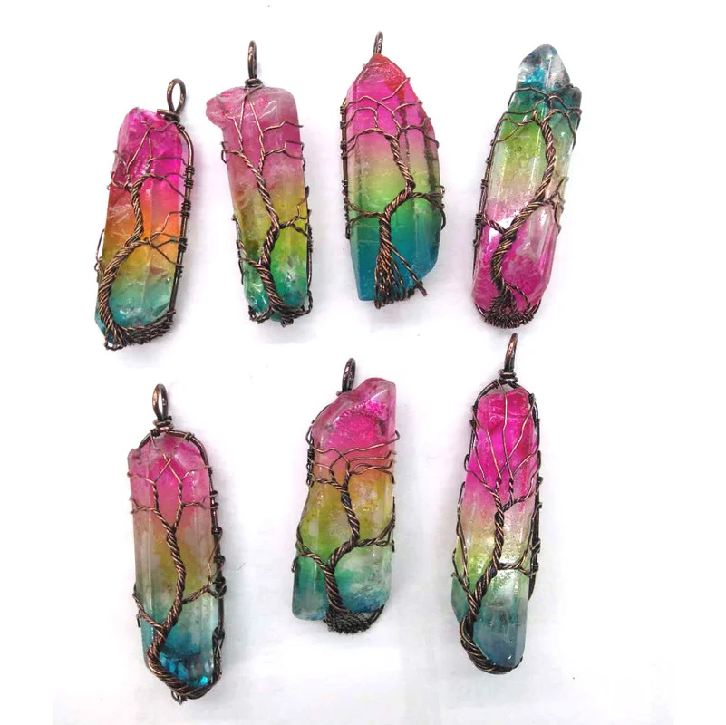 

Wholesale Colorful White Crystal Pillar Pendants Handmade Antique Copper Wire Wrapped Tree of Life for Jewelry Making