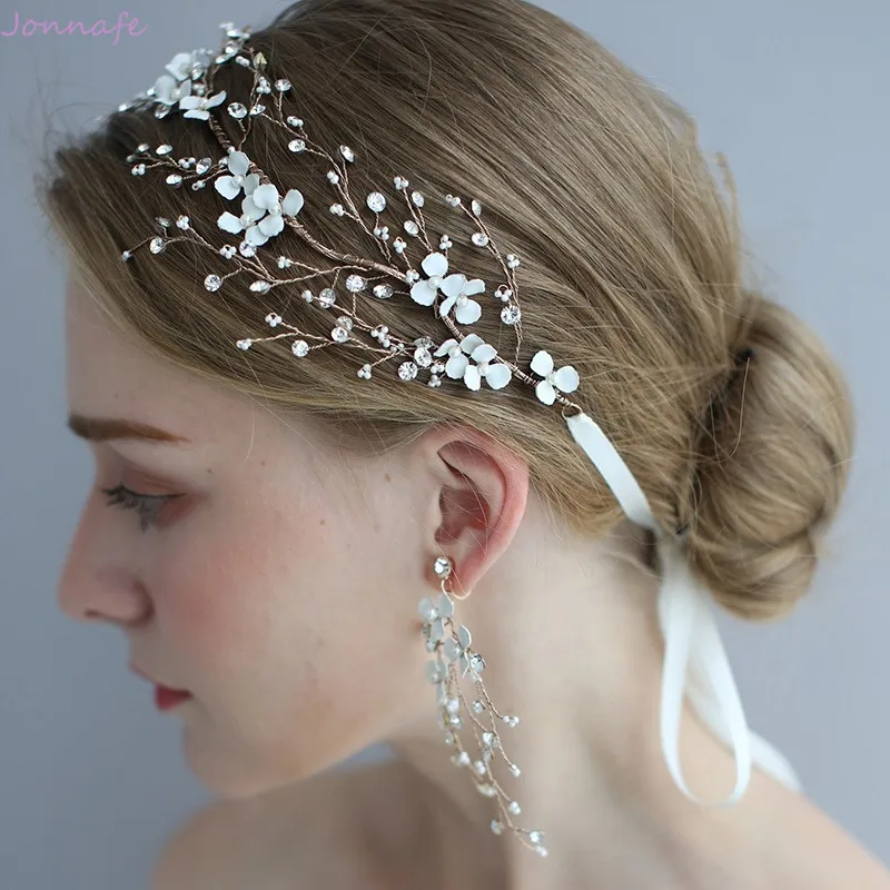 Diadema de vid para el pelo de novia con flores blancas hechas a mano, accesorios de boda con diamantes de imitación, pieza para el cabello, tocado para fiesta de graduación para mujer