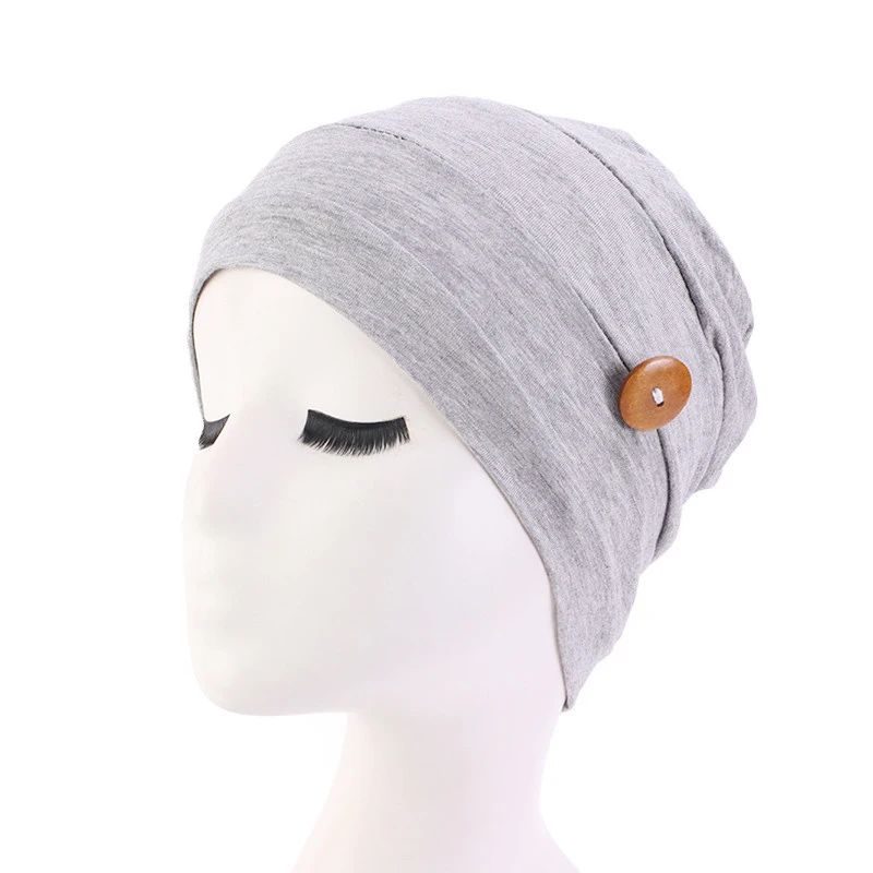 

Women Muslim Hat Head Wrap Cotton Elastic Turban Hats With Button Lady Solid Color Head Wrap Caps Headscarf Hair Accessory