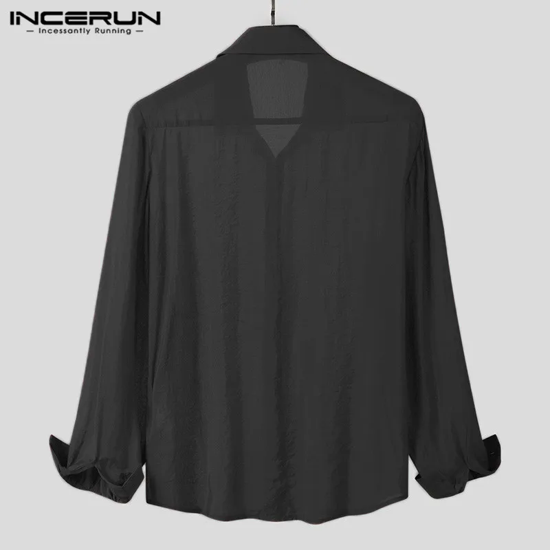 

INCERUN Men Shirt See Through Solid Color Sexy Long Sleeve Thin Shirts Button Lapel Streetwear Nightclub Party Camisas S-5XL