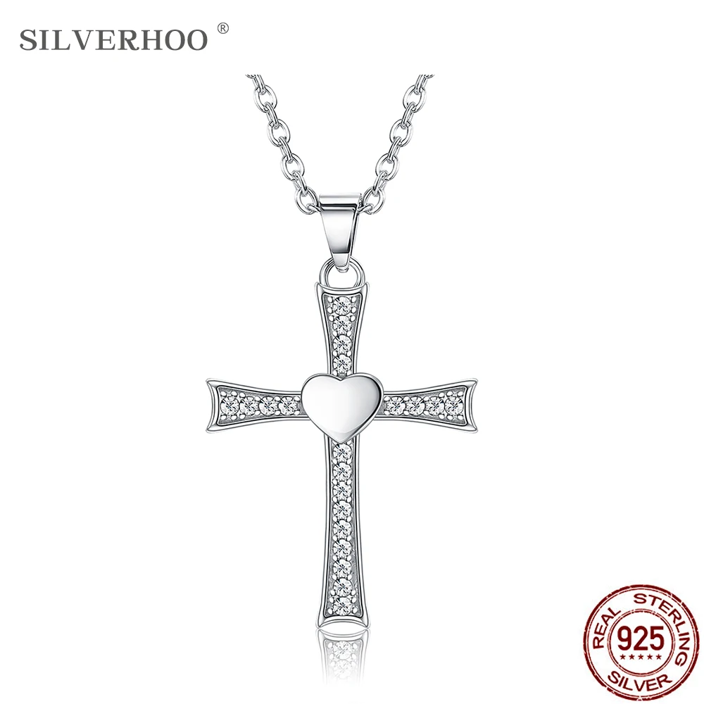

SLVERHOO 925 Sterling Silver Pendant Necklace Romantic Heartshaped Crucifix Pendant Fashion Follower Necklace Fine Gift Trend