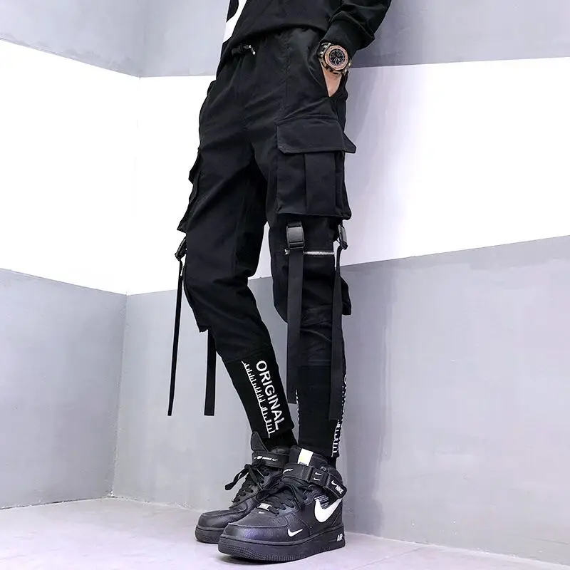 

Hip Hop Men Ribbons Cargo Pants Fashion Harajuku 2021 New Elastic Waist Casual Streetwear Mens Joggers Trousers Black