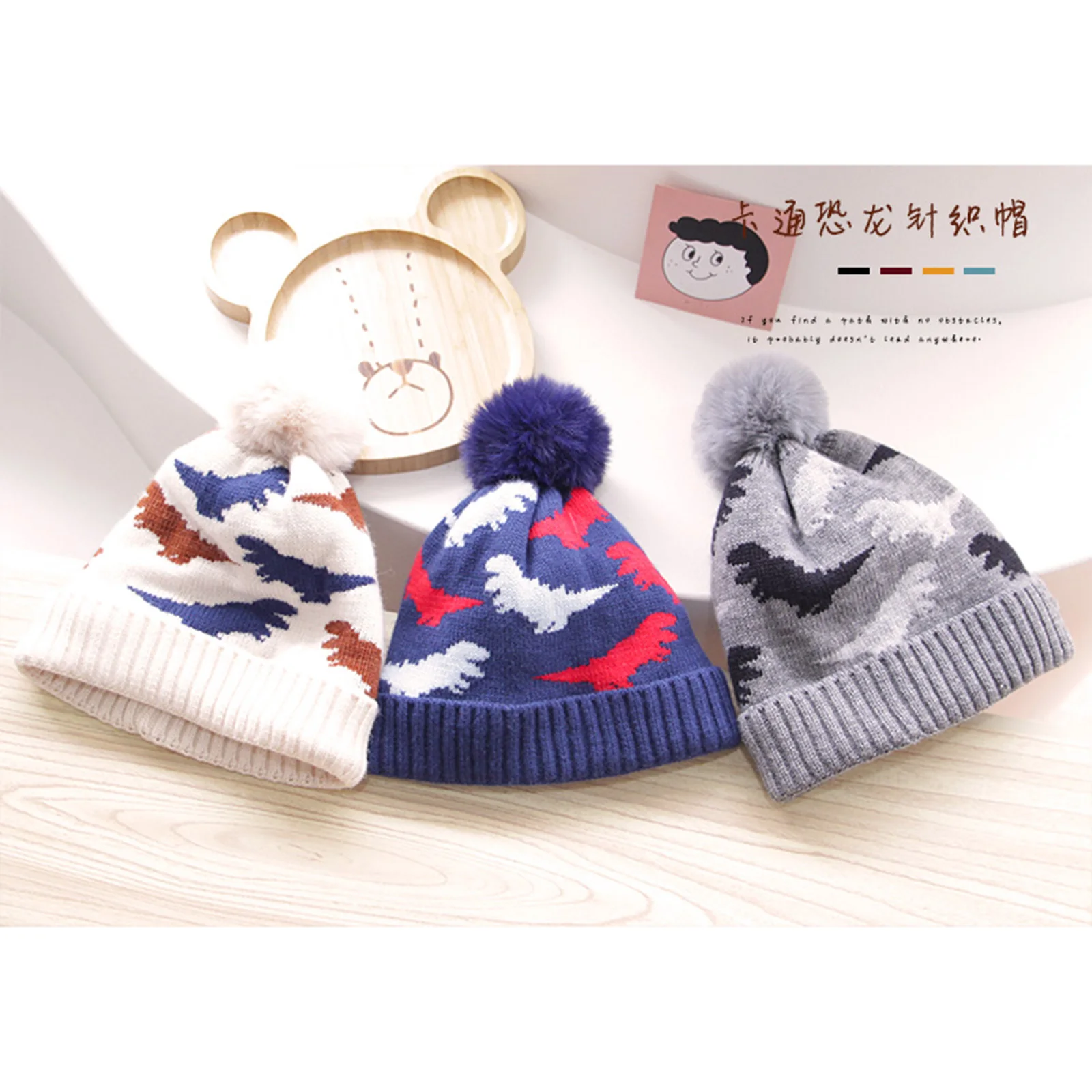 

Pudcoco Kids Woolen Hat Unisex Cartoon Dinosaur Patterns Warm Knitted Hat For Autumn Winter