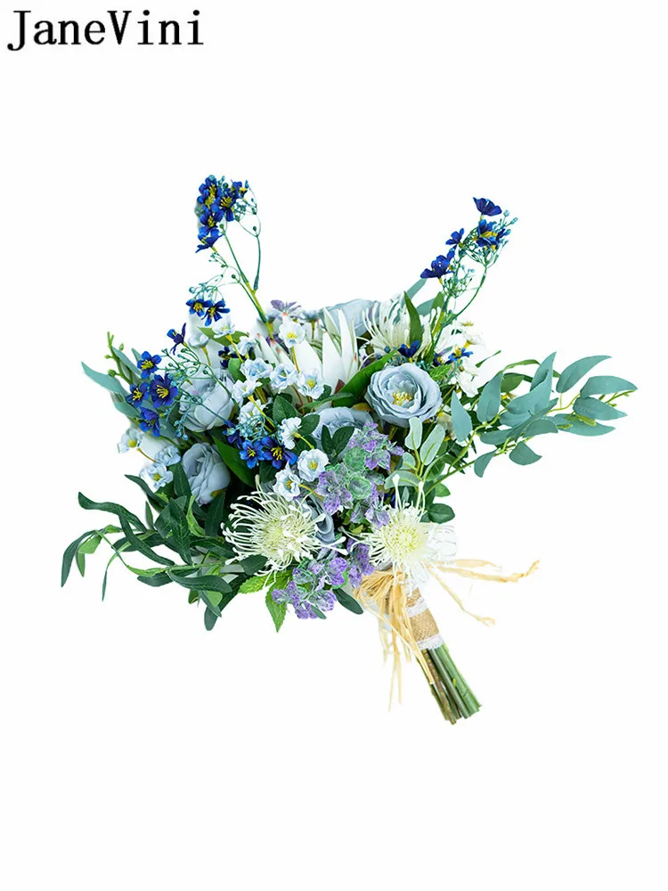 JaneVini Blue Flower Artificial Bride Bouquets 2021 Silk Rose Wedding Flowers Bridal Bouquet Fleur Bleu Ramo De Novia Vintage | Свадьбы и