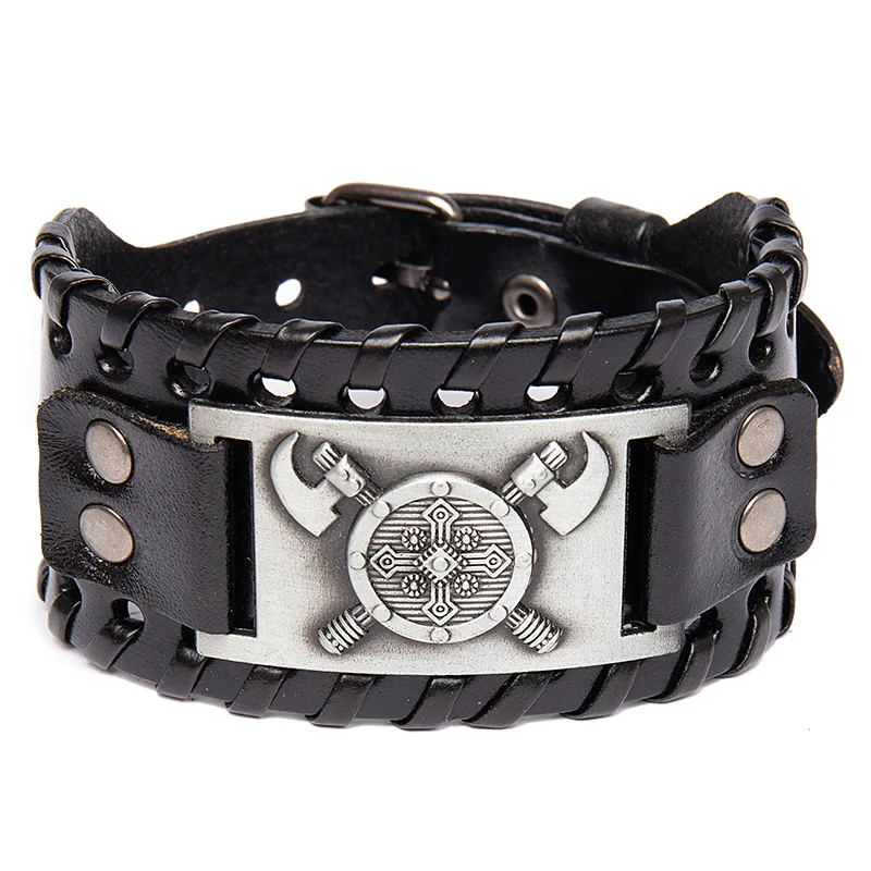 

Retro Fashionable Totem Design Nordic Double Axe Cross Bracelet Leather Woven Men's Bracelet Viking Accessorie Genuine Jewelry
