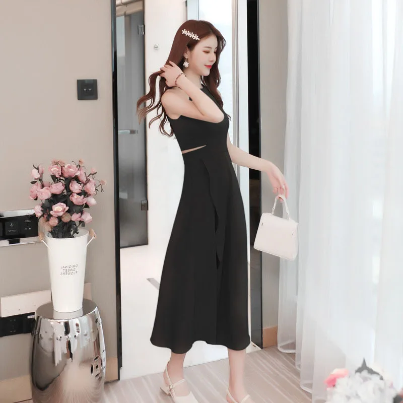 

Women's Dress Summer 2020 New Seaside Holiday O-neck Sleeveless Dress Irregular Split High Waist Slim Long Dress Tide