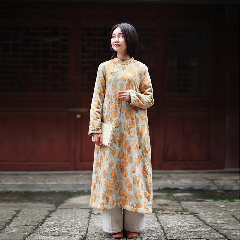 Hisenky-Женское зимнее платье Qipao длинное льняное и хлопковое с флисовой подкладкой