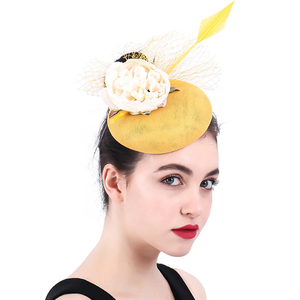 

Yellow Fascinators Millinery Women Elegant Fancy Floral Pillbox Hat Veils Married Bridal Party Hat Chapeau Tea Hair Accessories