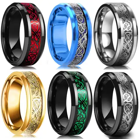 Мужское кольцо с драконом 10 цветов, обручальное кольцо из нержавеющей стали с инкрустацией кельтского дракона черного, синего, красного, уг...