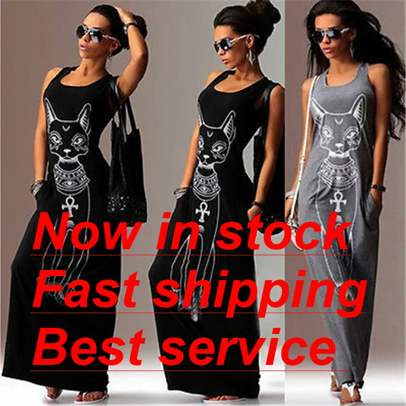 

Fashion Summer Women Sleeveless Stretchy Slim Bandage Bodycon Dress Casual Print O-Neck Maxi Long Dress NEW