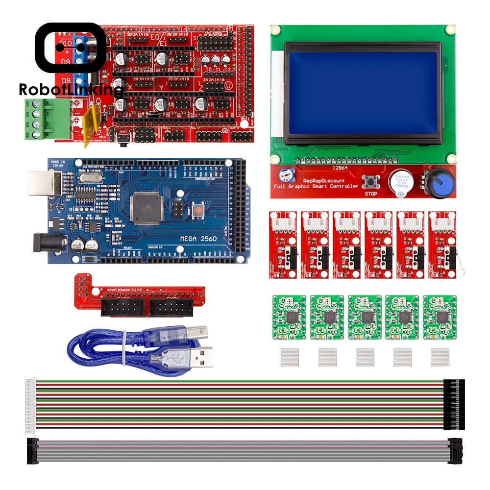 CNC 3d Принтер Комплект для Arduino Mega 2560 R3+ RAMPS 1,4 контроллер+ lcd 12864+ 6 концевой выключатель фиксатор+ 5 A4988 шаговый драйвер