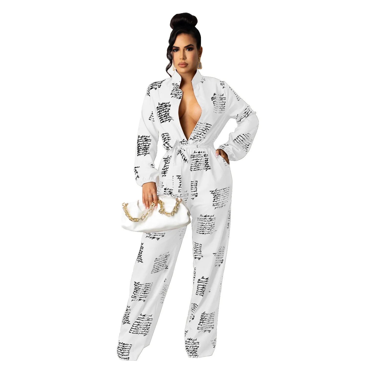 

Women Jumpsuits Rompers Spring Summer Casual Print V-neck Pocket Overalls Jumpsuit Long Sleeve Wide Leg Loose Jumpsuit