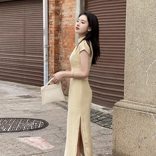 Китайское ретро платье Qipao современное элегантное женское улучшенное желтое