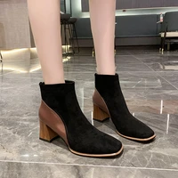 luxury 2021 boots womens ankle fashion flock square toe thick heel korean short tube plus velvet platform boots womens shoes