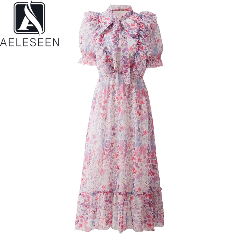 

AELESEEN Women Summer Puff Sleeve Dress 2021 Runway Fashion Ruffles Bow Colorful Flower Print Elastic Elegant Long Party Dress