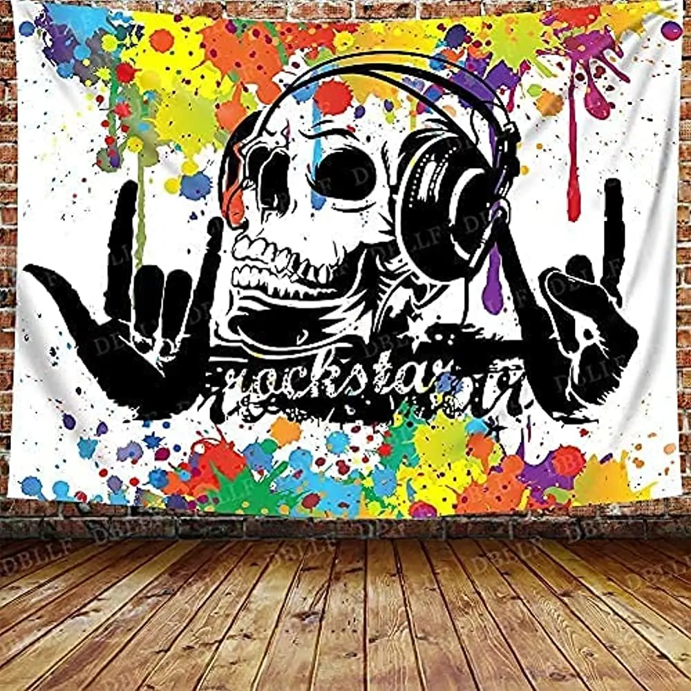 

Rononand Funny Skull Tapestry,Rock and Roll Music Tapestry Watercolor Paint Splatters Wall Tapestry Hippie Hip Hop Style Art