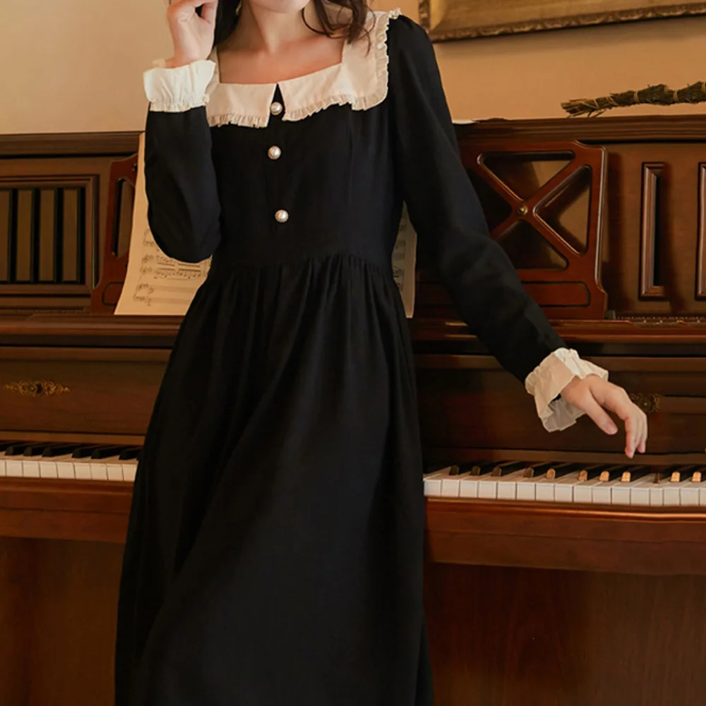 French Retro Lace Patchwork Square Collar Women Dress Summer Sexy Long Sleeve Midi Dresses Gothic Elegant Court Black Sundress | Женская