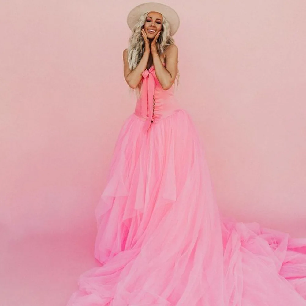 

Pink Tulle Dress Strapless Long Dress Women's Evening Dresses Layered Ball Gown Dress With Train Floor Length Prom Dress